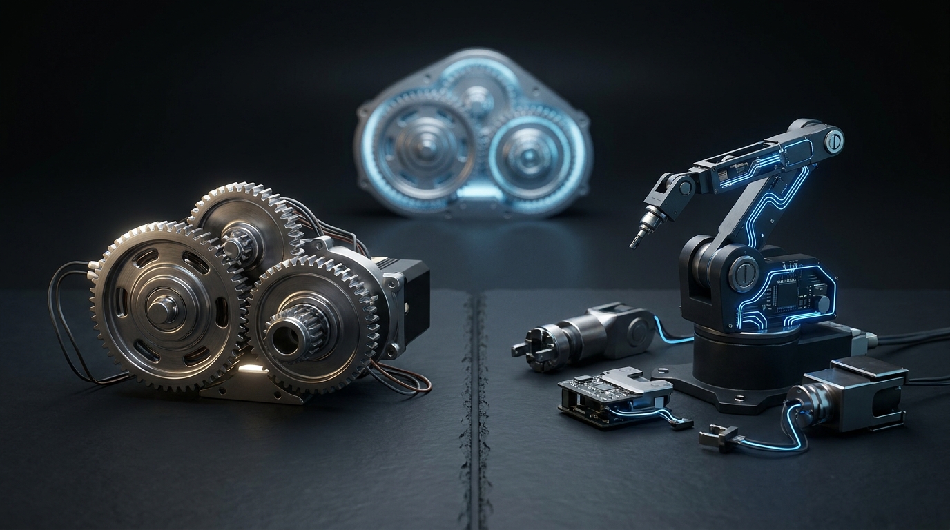 Two incomplete mechanical gears side by side under a single illuminated gear system, representing a comparison of partial automation tools versus full autonomous management.