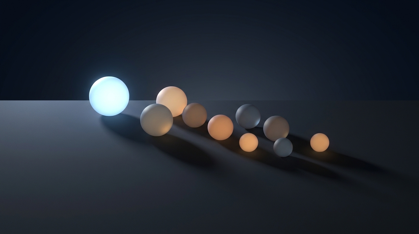 A dramatic editorial scene of multiple distinct glowing orbs arranged in a ranked lineup on a dark surface, with one orb elevated and illuminated above the rest