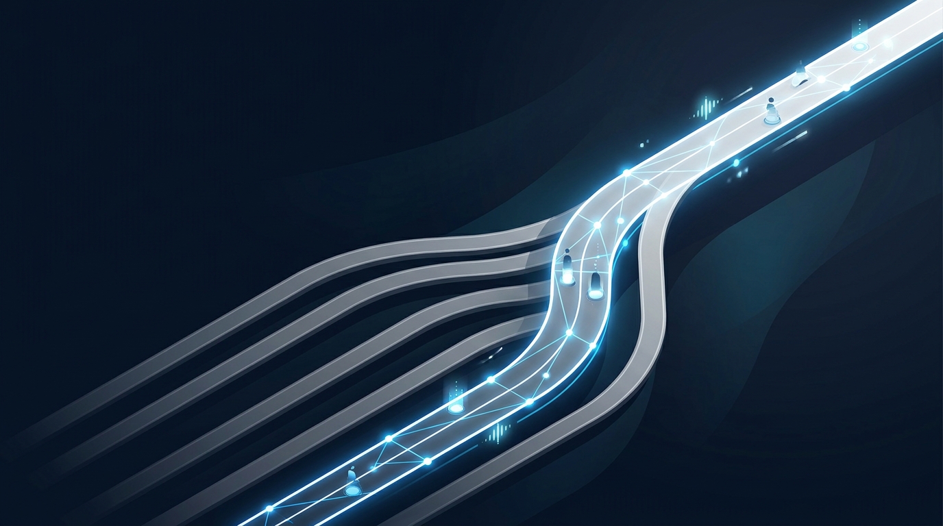 A bold editorial illustration showing one standout path diverging from a crowded field of identical options, symbolizing choosing the best Google Ads alternative.