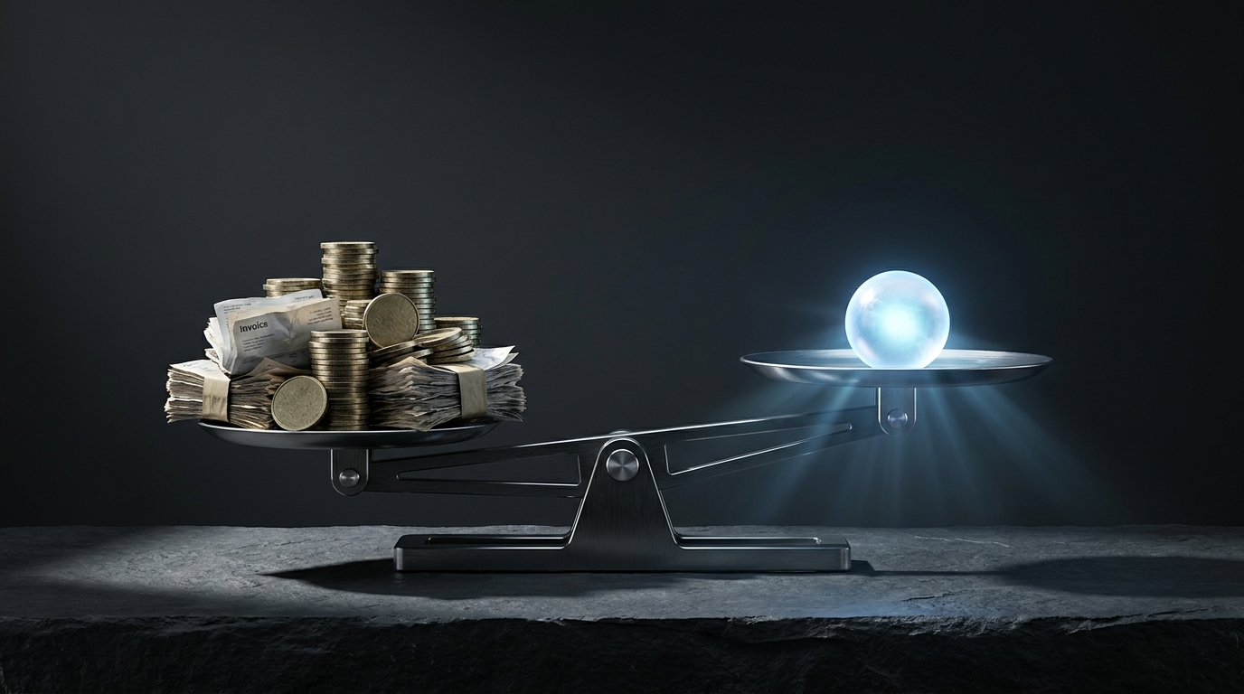 A sleek scale balancing a heavy stack of gold coins against a single luminous orb, symbolizing agency cost versus modern AI-driven value