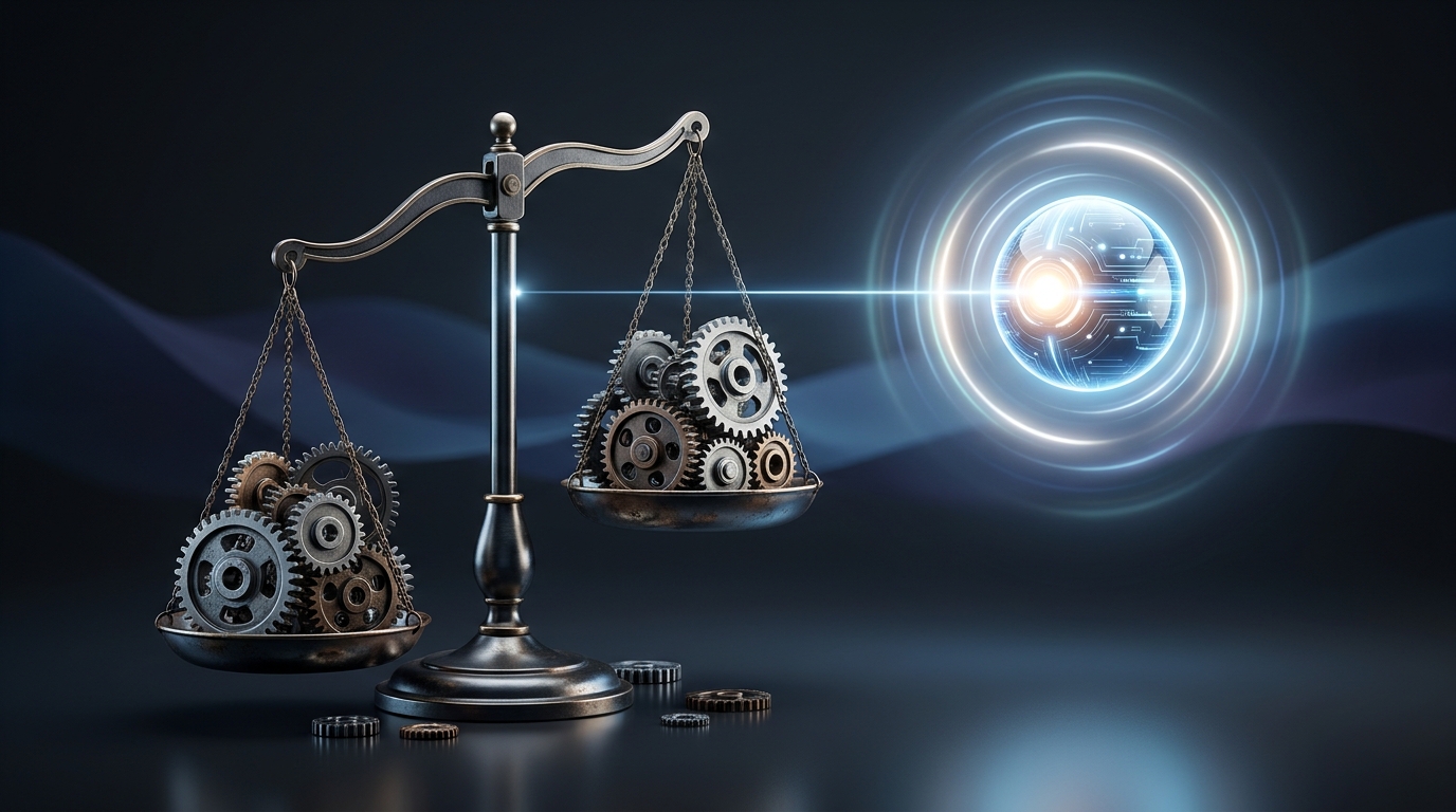 Two mechanical scales weighing fragmented gears against a single luminous control orb, representing manual tool-based ad management versus autonomous AI-driven execution