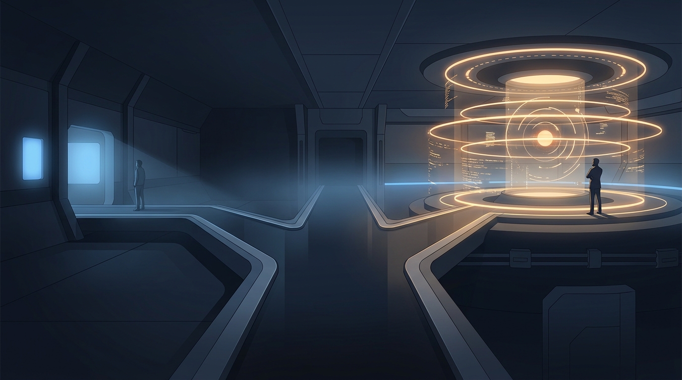 Two diverging paths in a sleek control room — one leading to a dashboard of static recommendations, the other to an autonomous command center with 24/7 activity