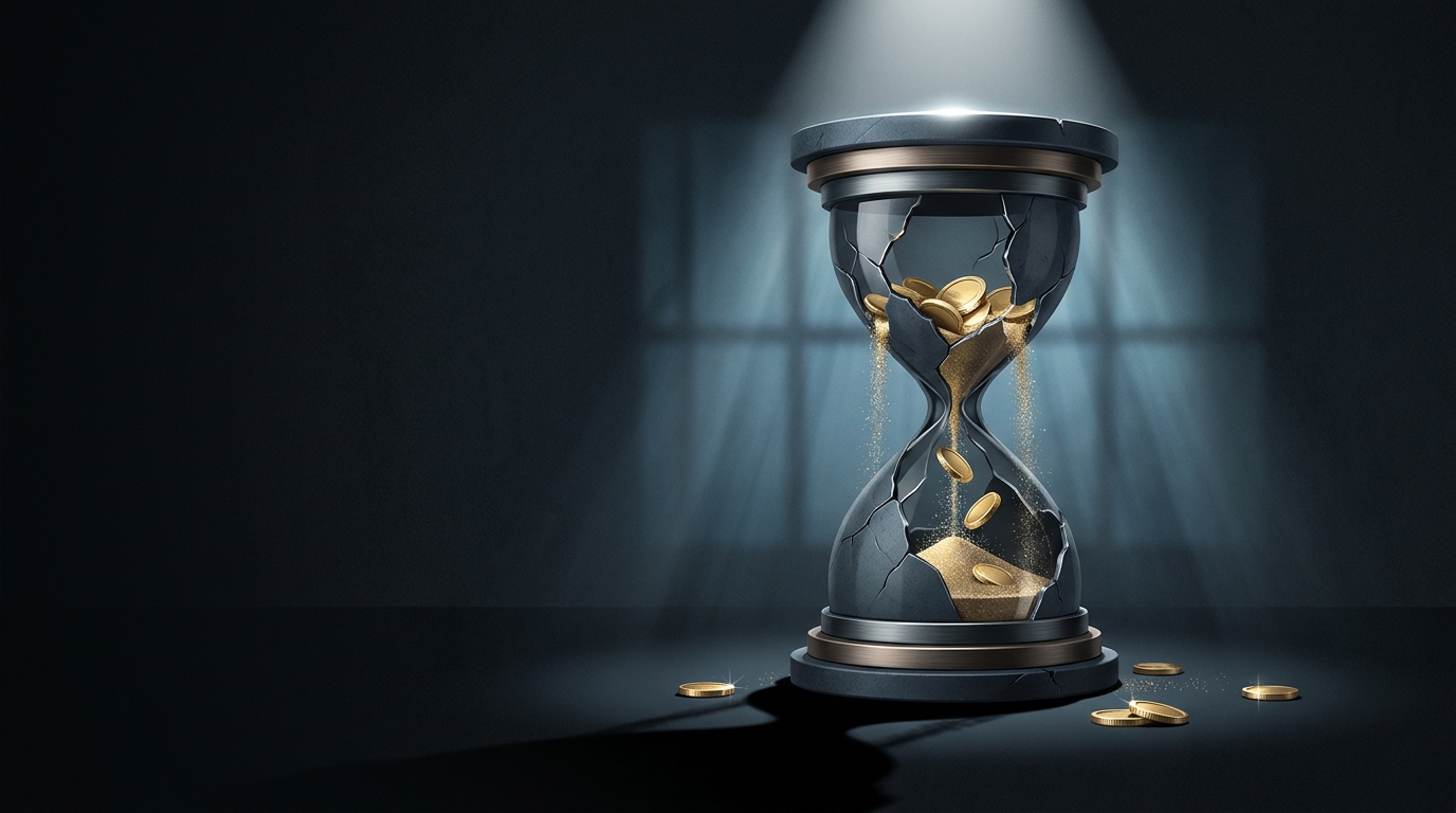 A cracked hourglass leaking golden coins against a dark background, symbolizing wasted Google Ads budget slipping away unnoticed.