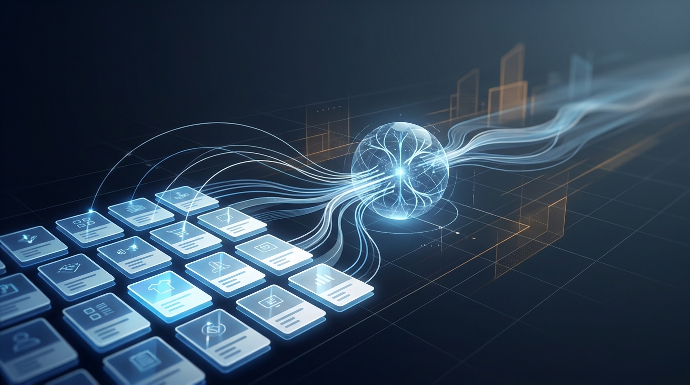 A dynamic editorial illustration of a structured ecommerce campaign pipeline with shopping feeds, data flows, and optimization signals converging into a single bold performance arc.