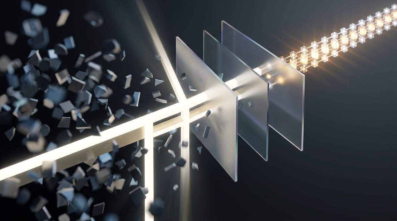 Abstract editorial illustration of a filtering system with light beams and geometric barriers separating clean targeted signals from scattered noise, symbolizing negative keyword strategy