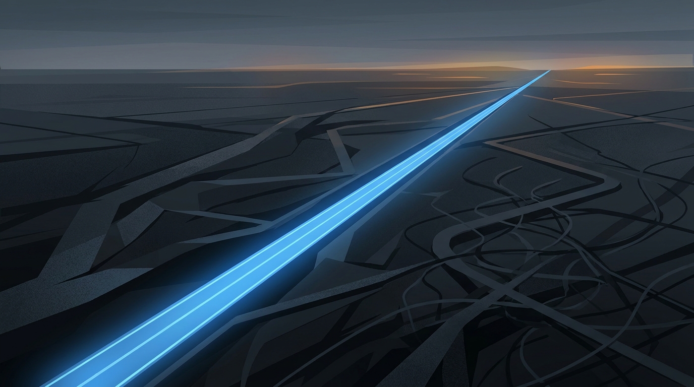 A single glowing path diverges from a cluster of dimly lit roads at dusk, symbolizing the clear choice between autonomous ad management and manual tools.