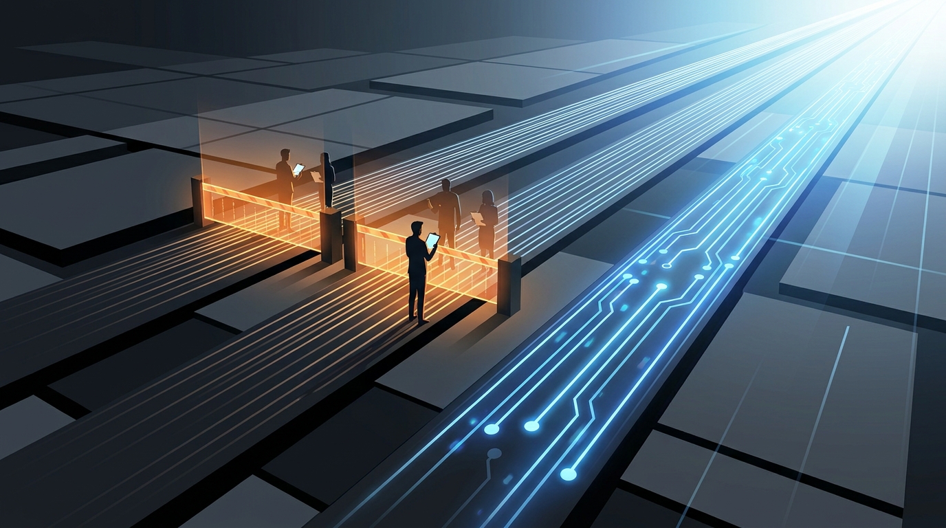 Three distinct paths diverge on a modern grid landscape, two ending abruptly at manual checkpoints, one continuing autonomously into the horizon under blue light