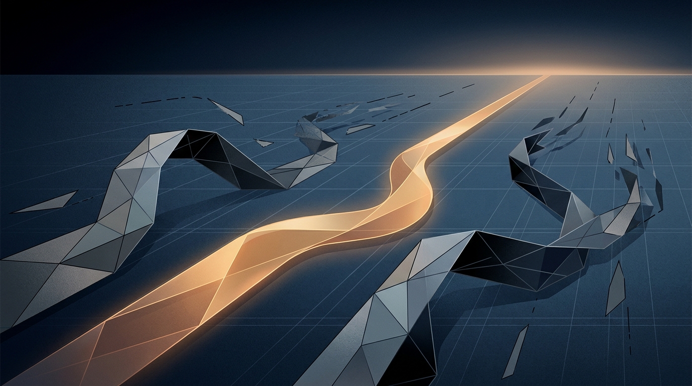 Four distinct paths converging at a single illuminated route, symbolizing the comparison of AI ad management options with one clear winner emerging.