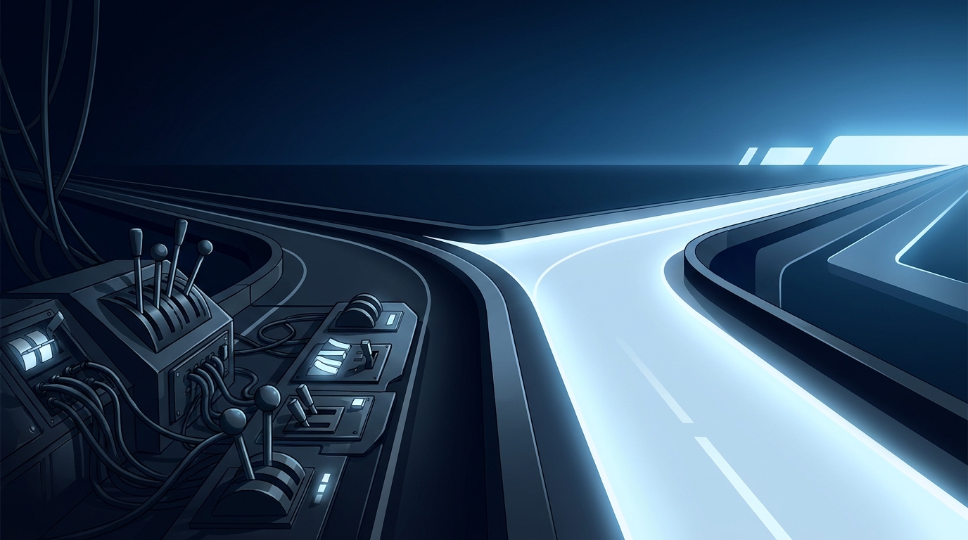 A fork in a dark road: one path shows tangled manual control panels and switches, the other leads to a clean glowing autonomous highway under open sky