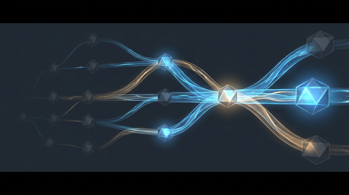 Abstract visualization of budget flows shifting across interconnected campaign nodes, conveying strategic reallocation and performance optimization in paid search.