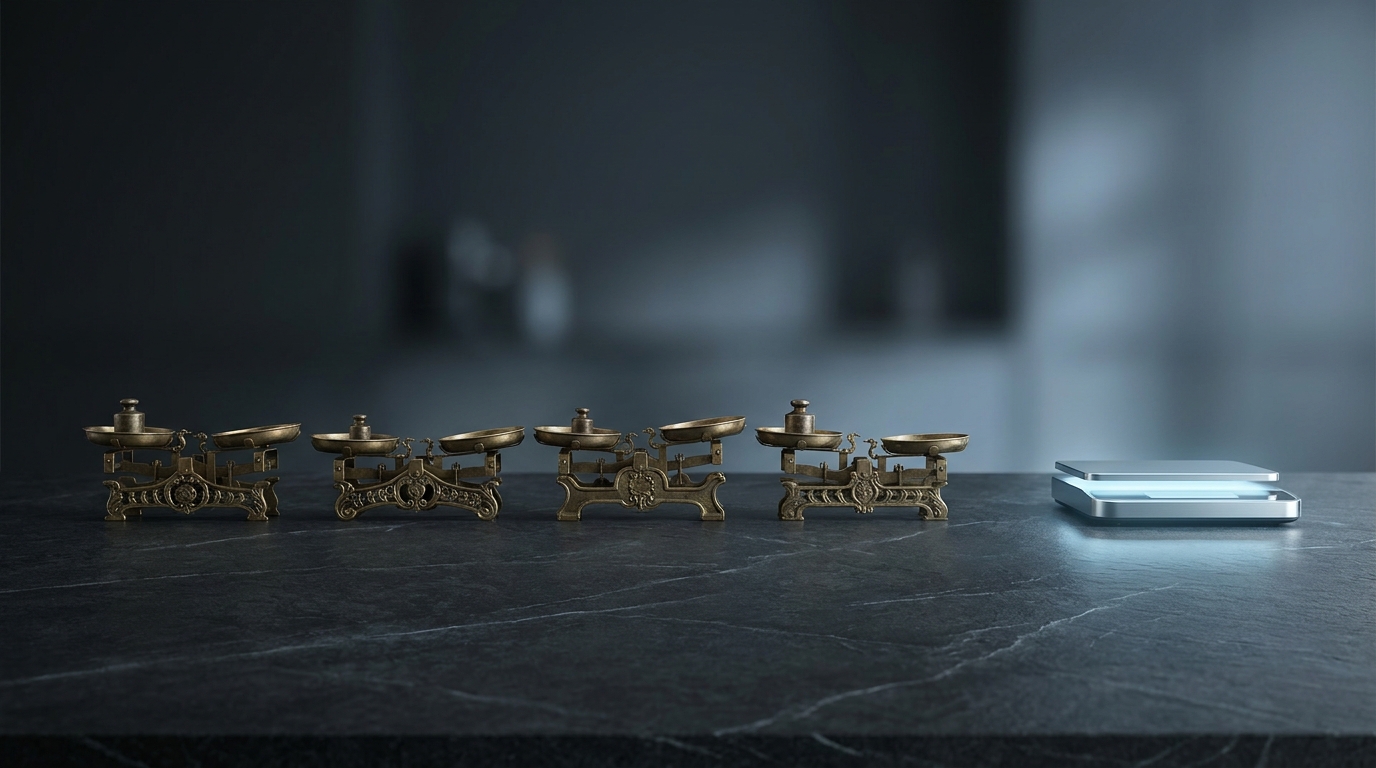 Four ornate balance scales arranged side by side on a dark slate surface, with a single sleek minimal scale standing apart, glowing softly in cool blue light