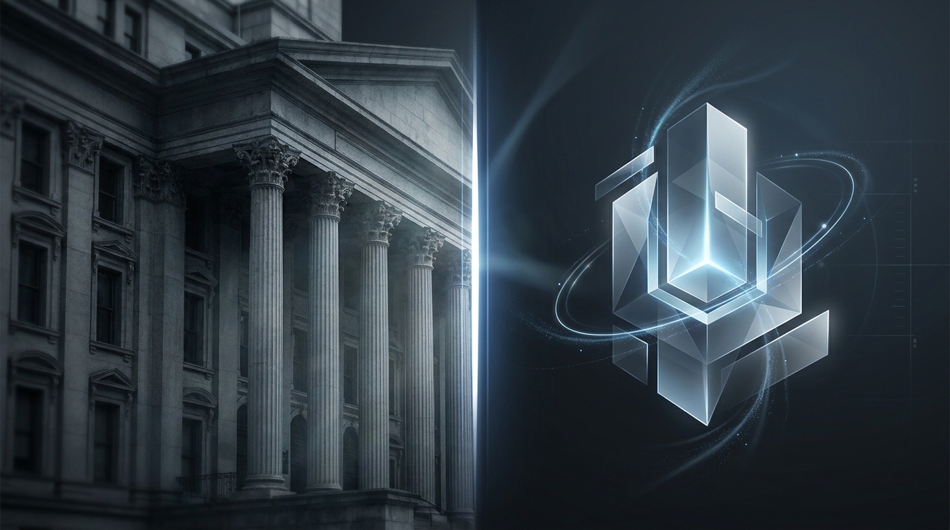 A split visual composition showing a heavy, ornate traditional building on one side contrasted with a sleek, luminous autonomous system on the other, symbolizing agency vs groas.
