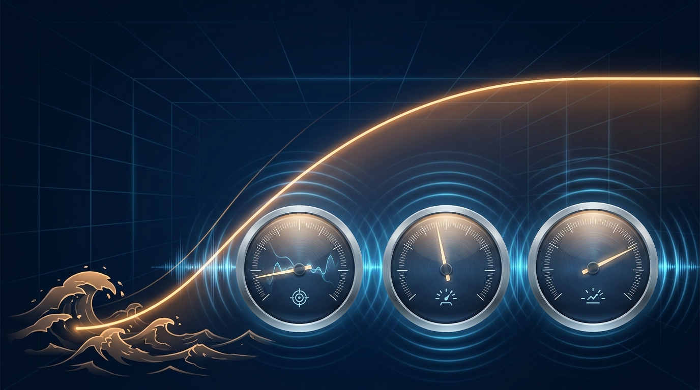 Abstract visualization of a bidding algorithm learning curve with calibration dials and data signal waves in deep blue and amber tones