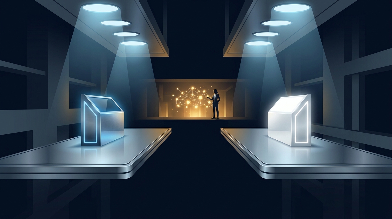 Two parallel paths diverging in a sleek minimalist landscape, one leading to a dashboard screen, the other to a human figure overseeing glowing automated systems