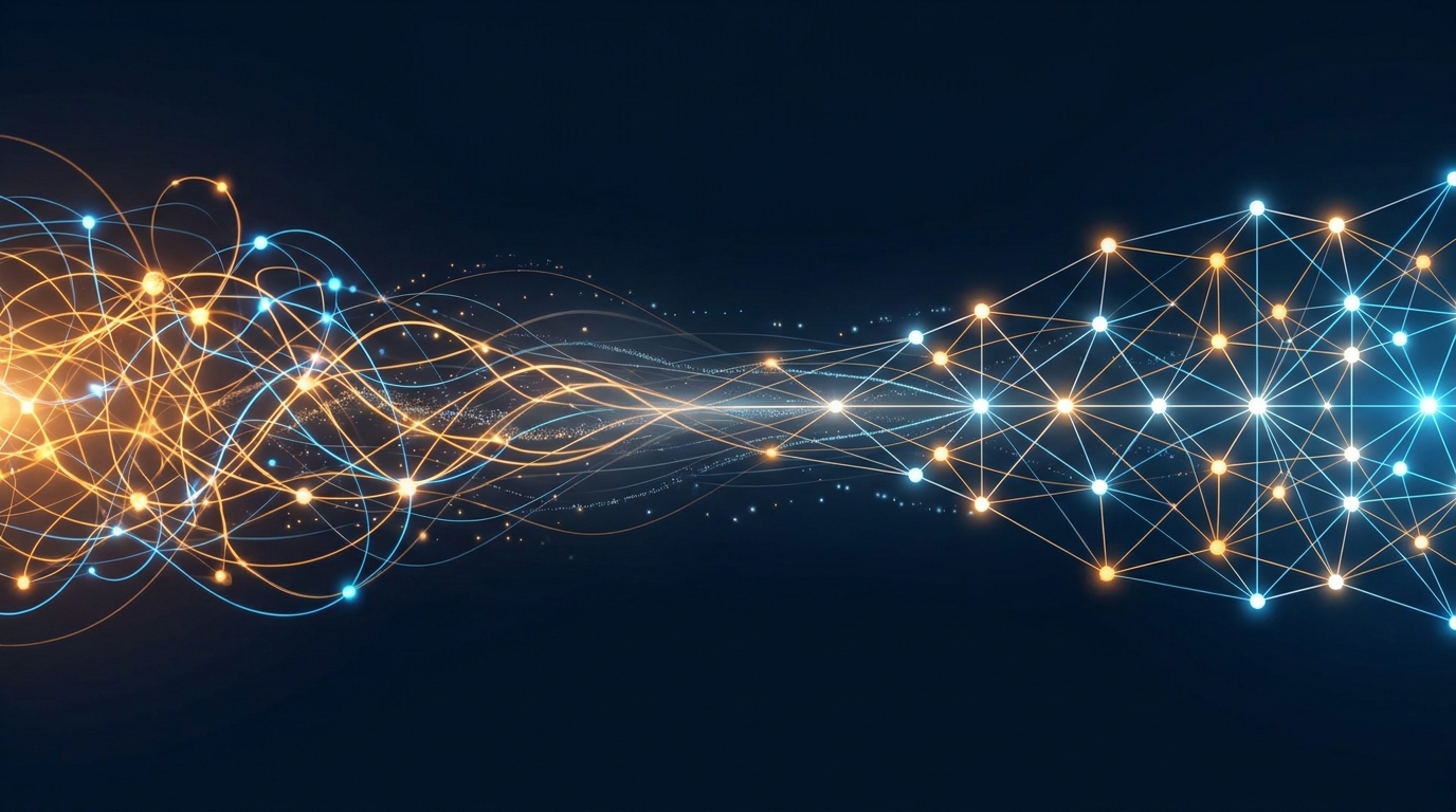 An AI system calibrating and learning, represented by a glowing neural network gradually stabilizing into a precise geometric pattern against a dark background