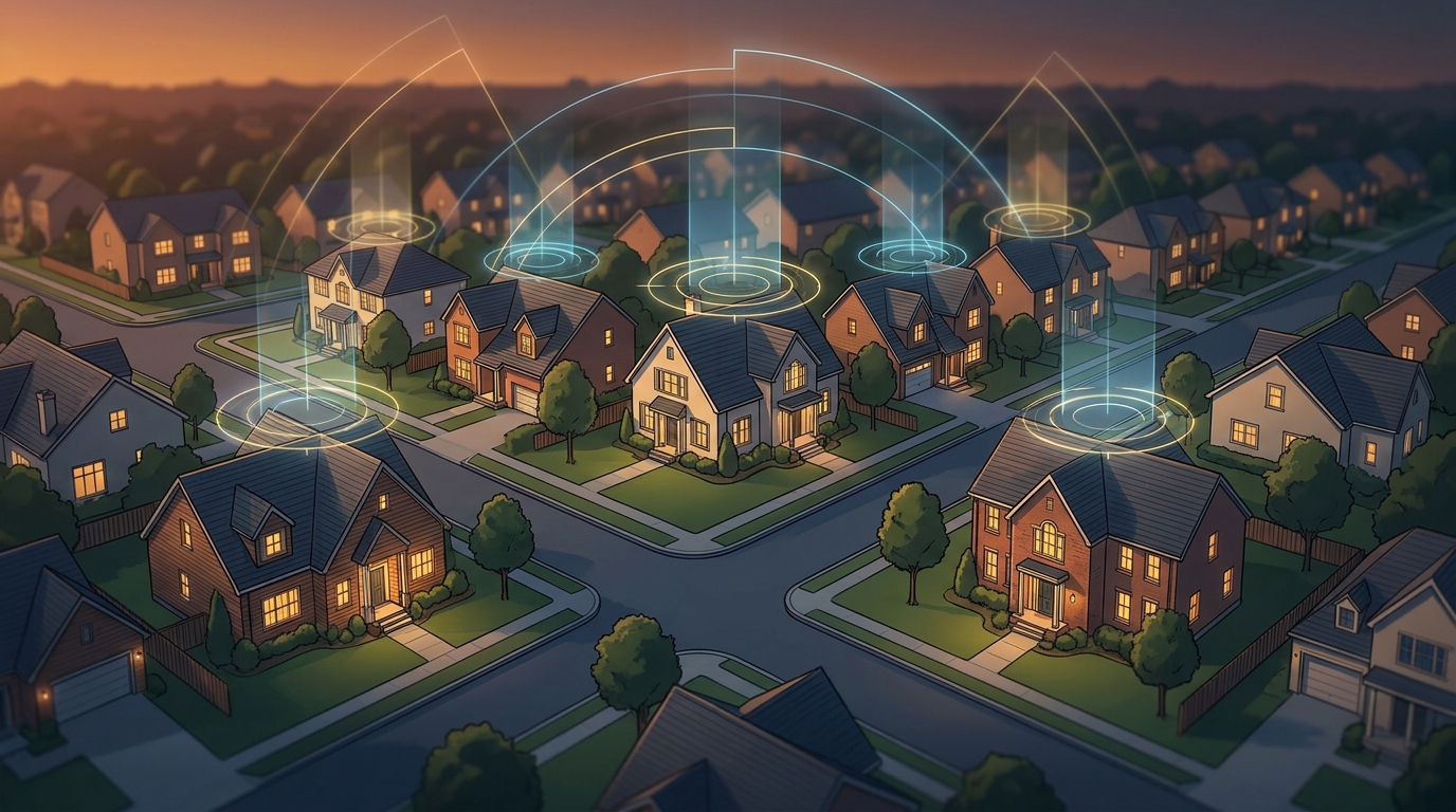 Aerial view of a residential neighborhood at dusk with glowing search signal arcs rising from rooftops, symbolizing targeted real estate lead generation