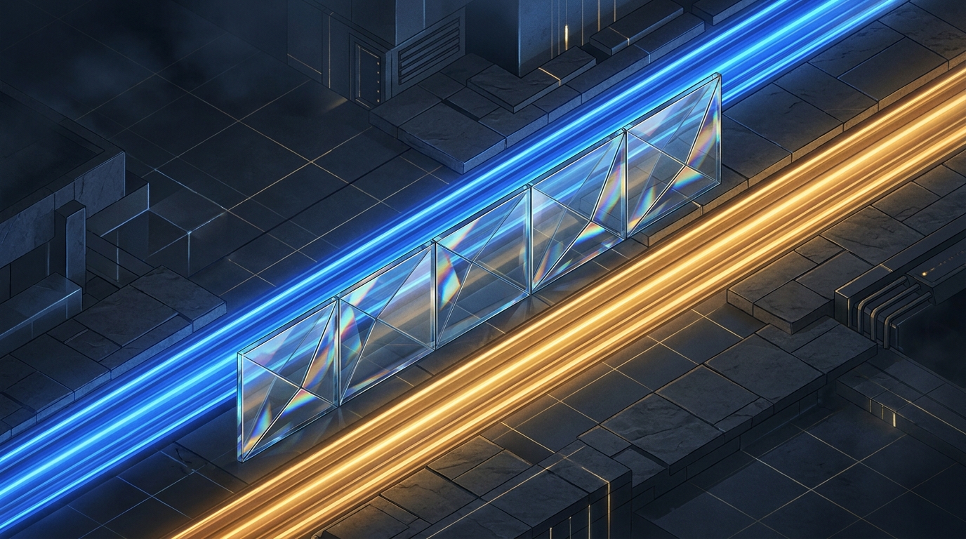 Abstract illustration of two separate budget streams protected by structural barriers, symbolizing PMax and Search campaign isolation in a Google Ads account architecture.