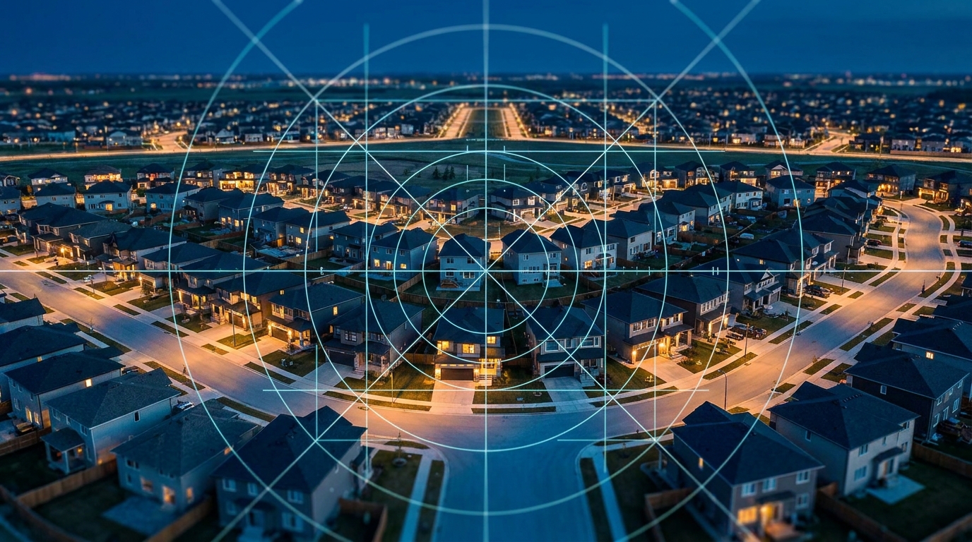 Aerial view of a modern residential neighborhood at dusk, overlaid with subtle geometric targeting grid lines in cool blue and white tones