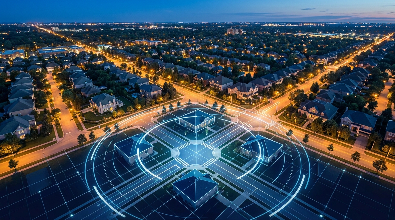 Aerial view of a modern city neighborhood at dusk with glowing grid lines and data flow paths overlaid, symbolizing precision targeting in real estate advertising