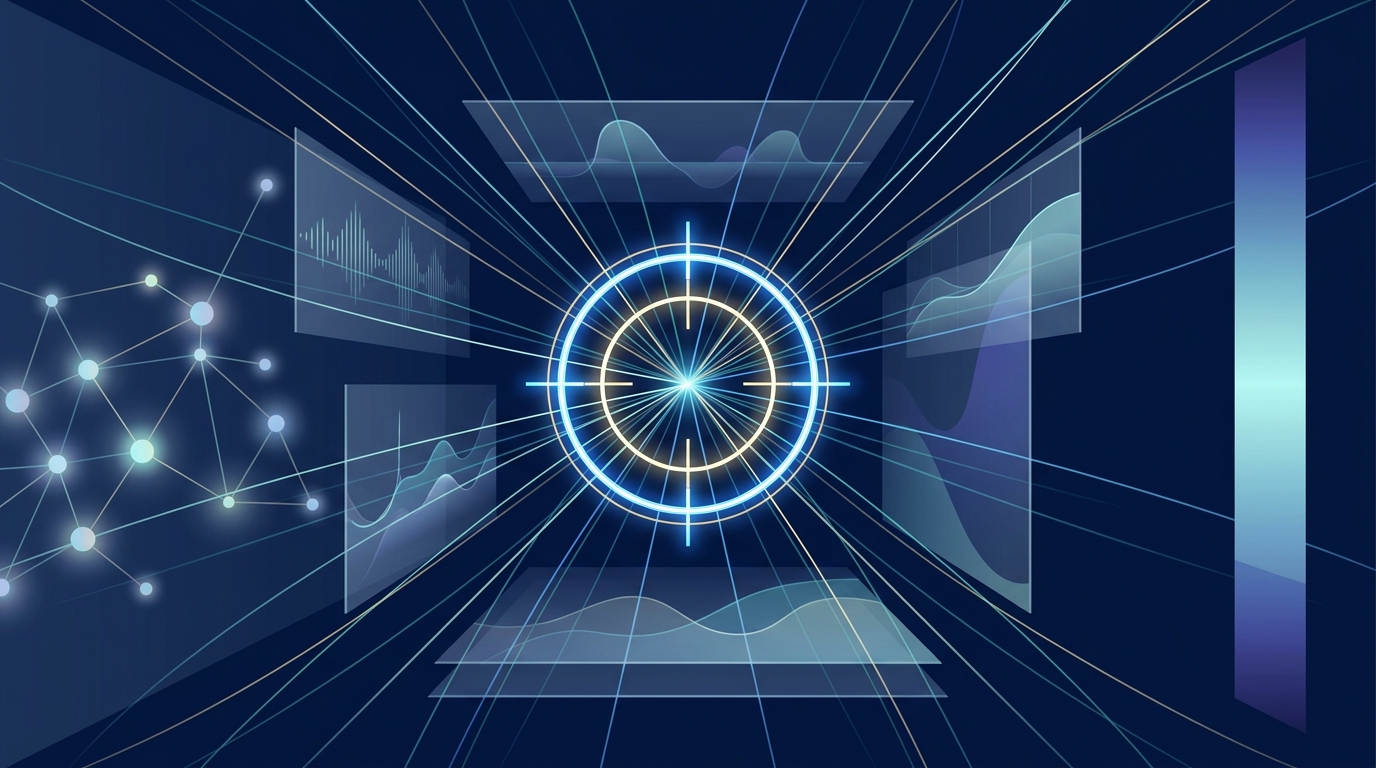 Abstract editorial illustration of interconnected bid curves and machine learning signals converging toward a precise target point, symbolizing Smart Bidding optimization