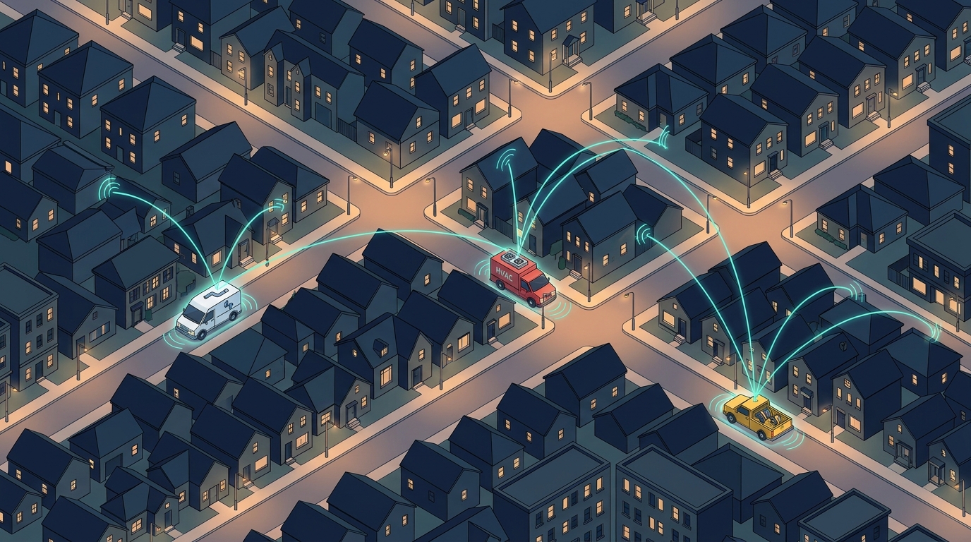 Aerial view of a residential neighborhood at dusk with glowing service vehicles on streets, symbolizing local business lead generation via Google Ads