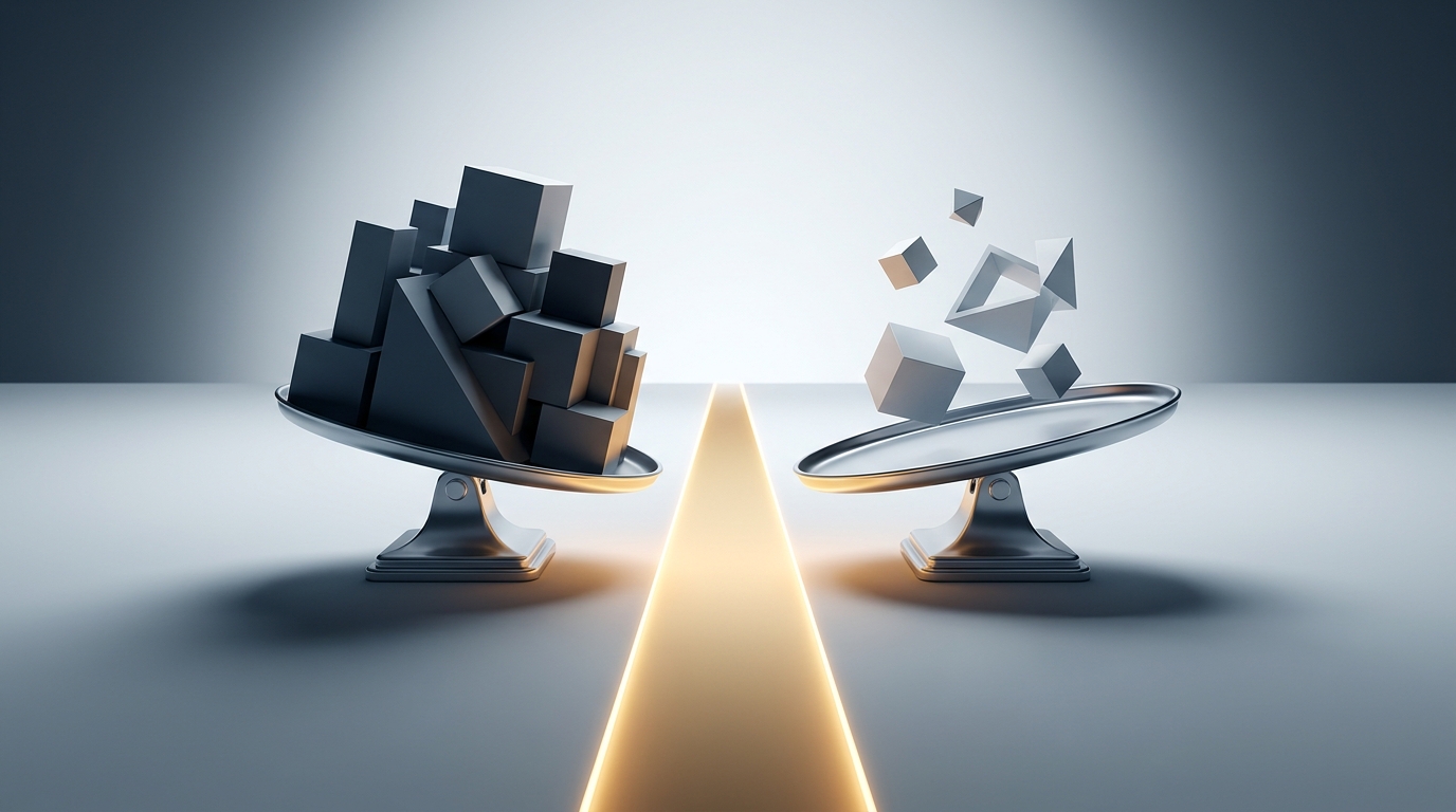 Two diverging paths on a clean architectural scale, one path heavy with complexity, one lighter, converging toward a single optimized route beyond the frame