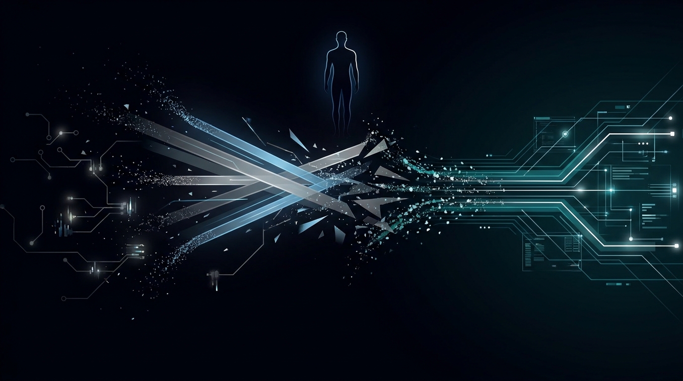 Abstract editorial illustration of fragmented data streams and broken analytics pathways reassembling, symbolizing a GA4 configuration audit and fix process.