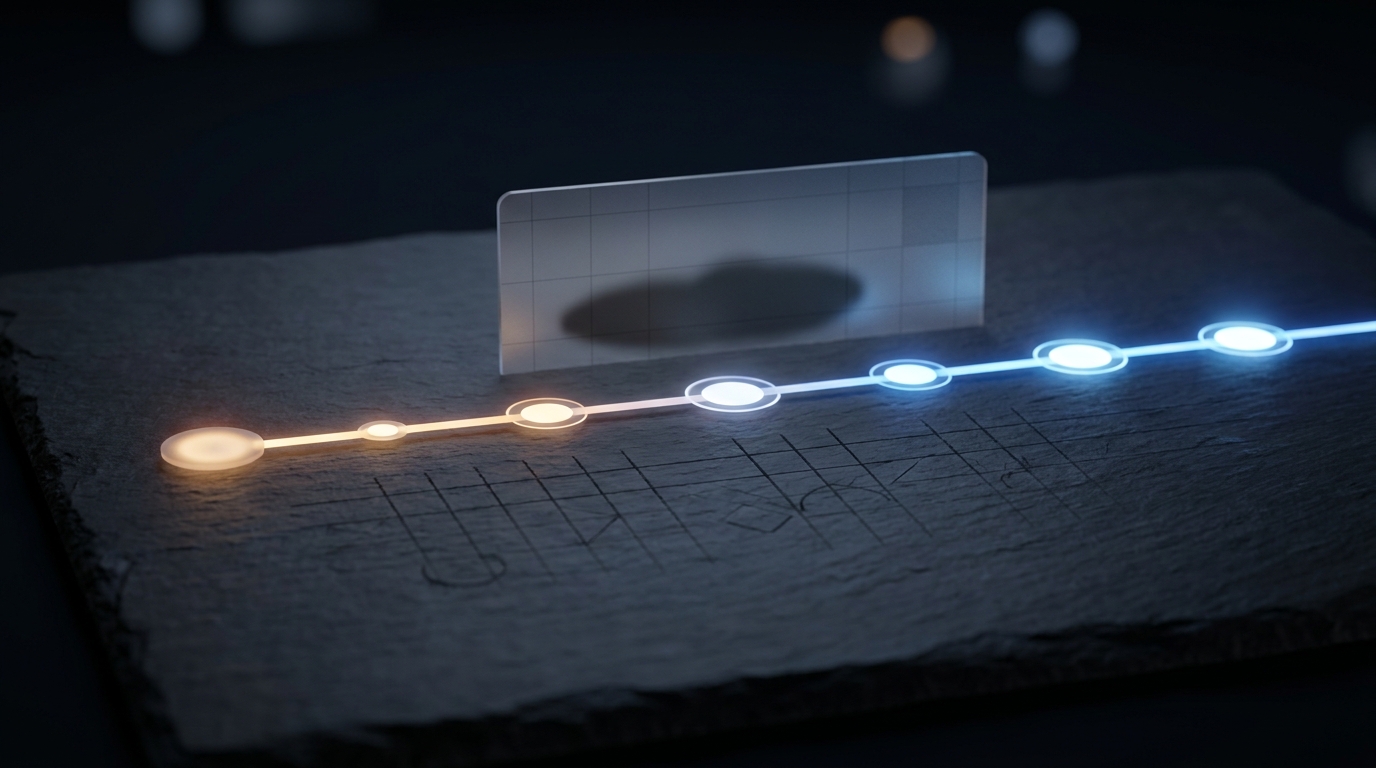 A structured timeline of glowing milestone markers stretching across a wide dark surface, representing a disciplined week-by-week Google Ads campaign launch schedule.