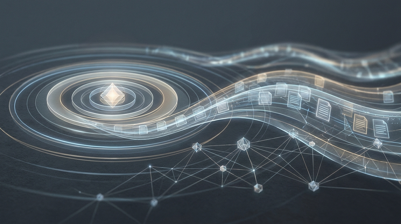 Abstract editorial illustration of layered digital signals and evolving data streams representing the wave of Google Ads platform changes in 2026