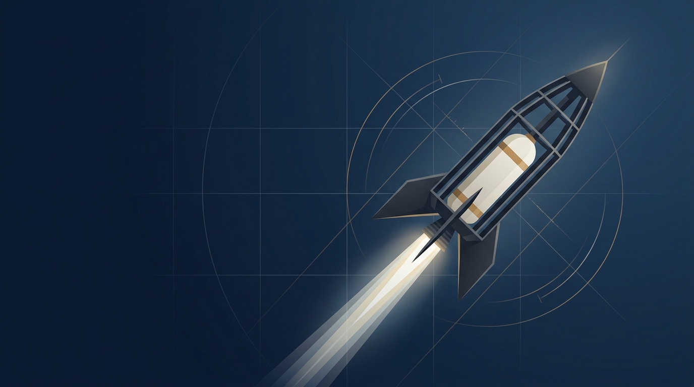 A lean rocket assembled from minimal components launches upward against a dark navy sky, symbolizing a startup achieving Google Ads ROI with limited resources.