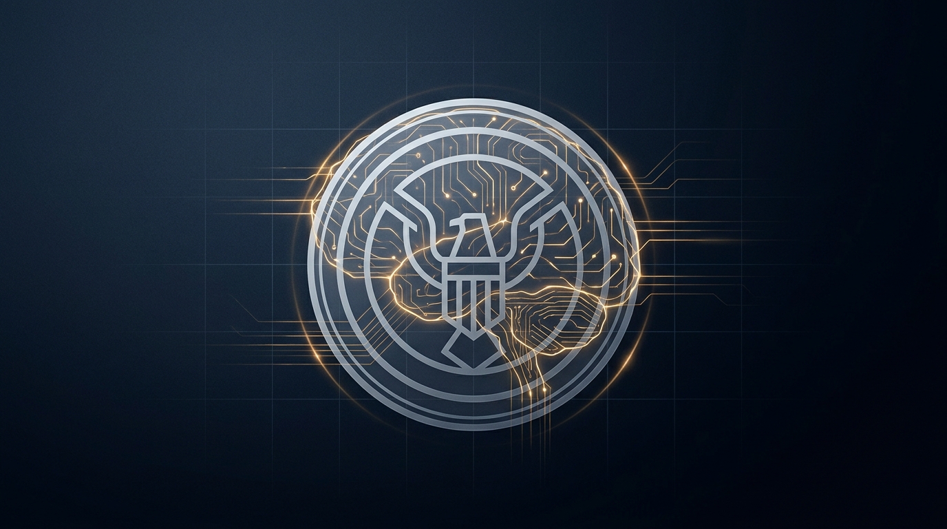 A transparent AI circuit pattern overlaid on a formal document stamp, symbolizing AI-generated ad content disclosure and compliance in 2026.