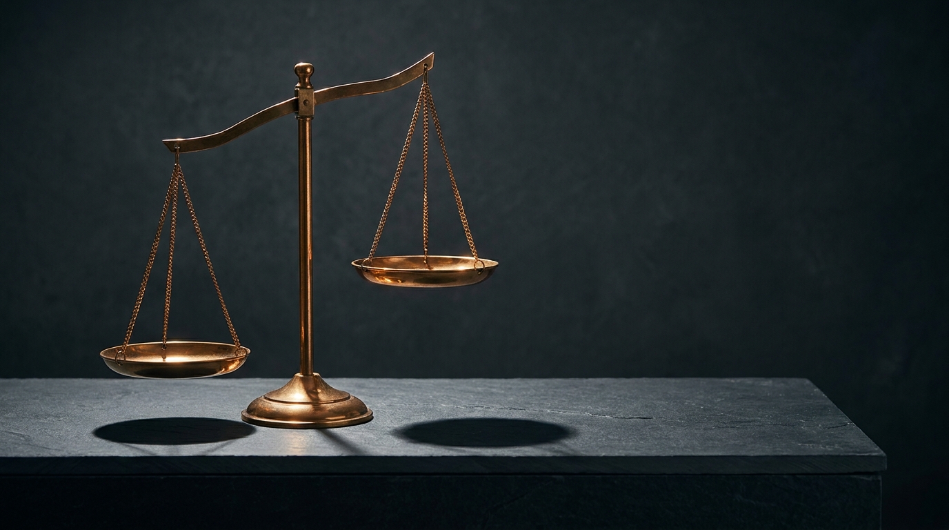 Two heavy bronze scales balanced on a minimal surface, one side visibly heavier, with a clean high-contrast background suggesting cost and value comparison