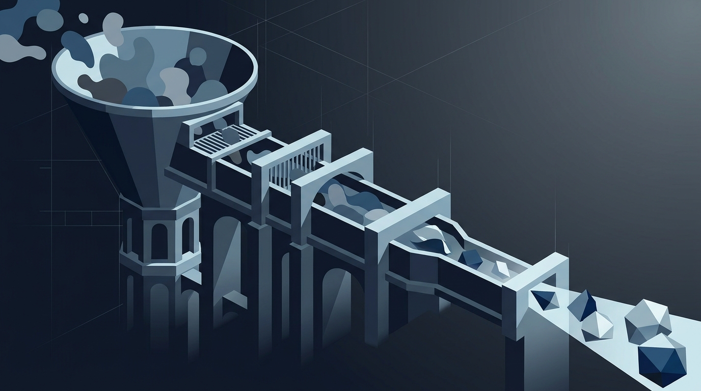 A wide editorial illustration of a B2B sales pipeline visualized as a structured channel filtering raw leads into qualified opportunities, rendered in a restrained blue and slate palette.