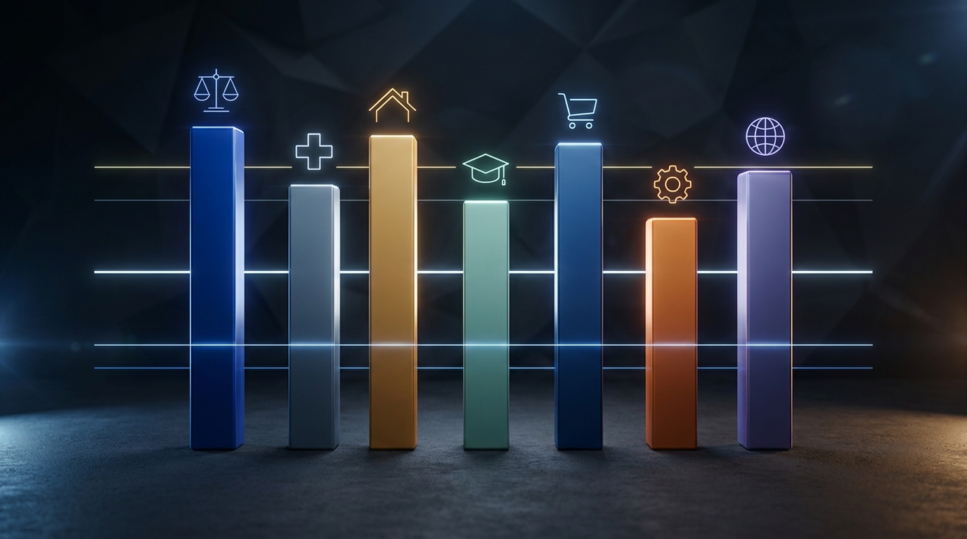 Abstract editorial illustration of multiple industry verticals represented as ascending bar columns with glowing performance metrics floating above them in a dark high-contrast space