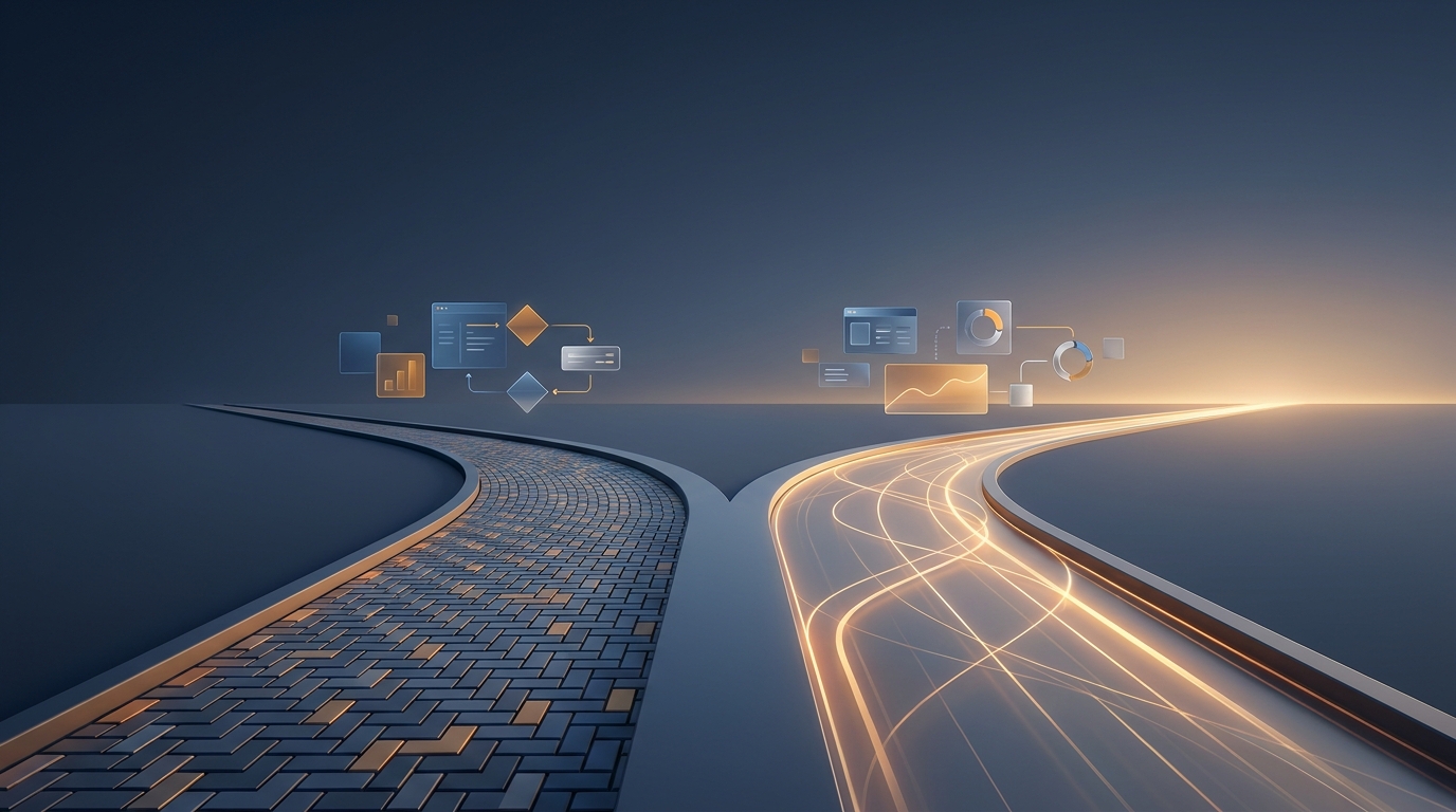 A clean editorial illustration showing two diverging paths on a minimalist landscape, one narrow and manual, one wide and automated, symbolizing PPC tool comparison