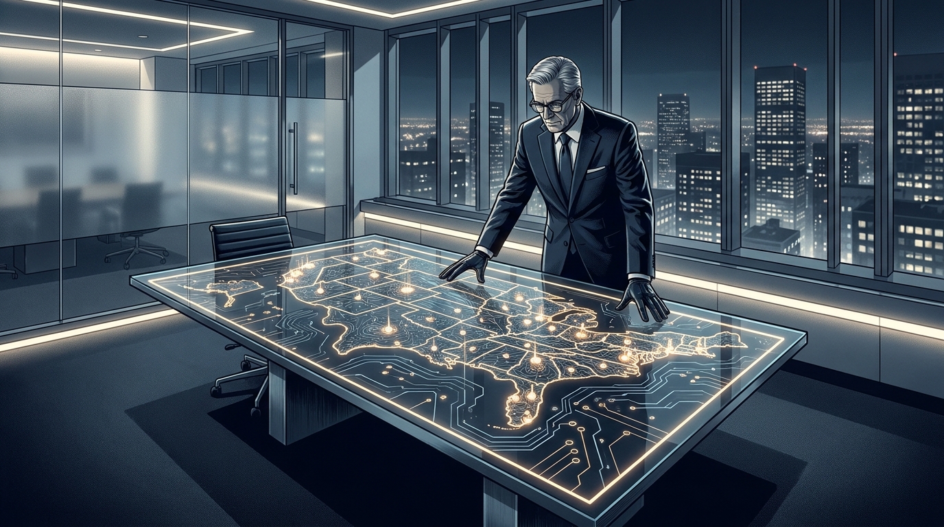 A law firm partner reviewing a glowing digital strategy map, symbolizing precision Google Ads management for high-stakes legal markets in 2026.