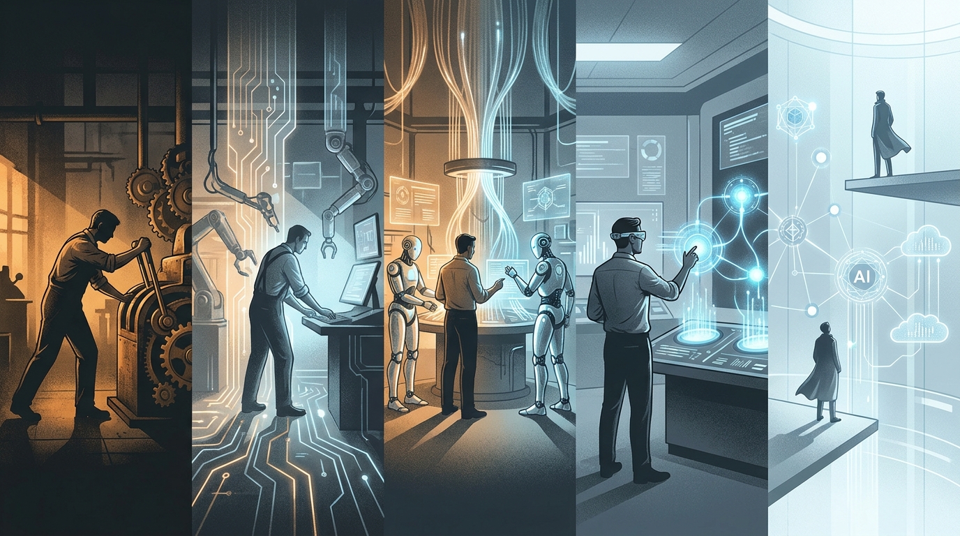 A dramatic visual metaphor showing a spectrum from manual control to full automation, with a glowing ladder or ascending levels fading into luminous AI-driven light