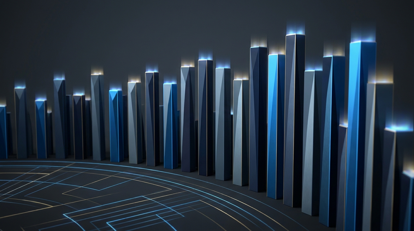Abstract editorial illustration of industry benchmark data as glowing bar chart columns in varying heights across a dark gradient background, representing CPC cost comparison.