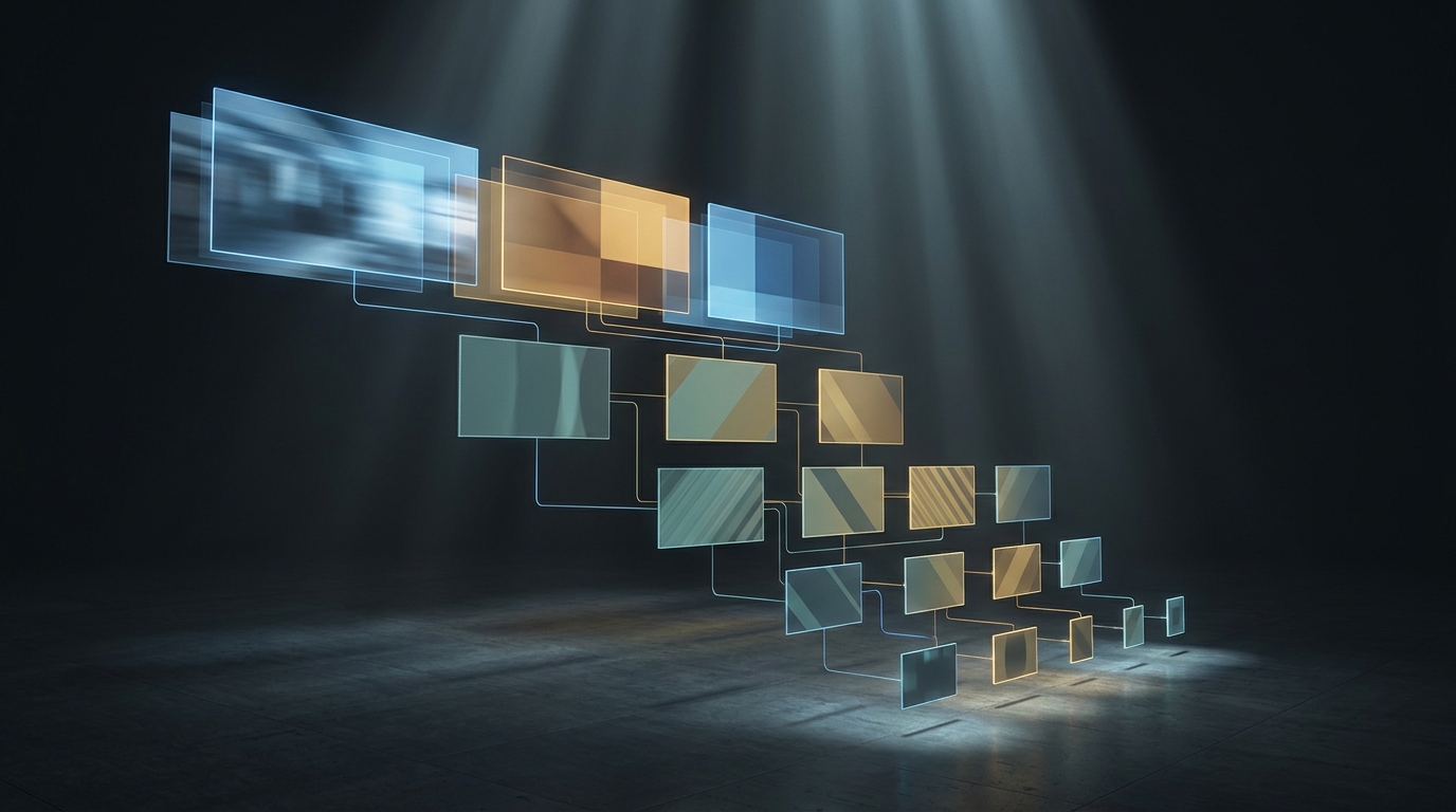 Wide cinematic scene of glowing video frames arranged in a full-funnel formation across a dark studio space, evoking YouTube ad formats and strategy at scale