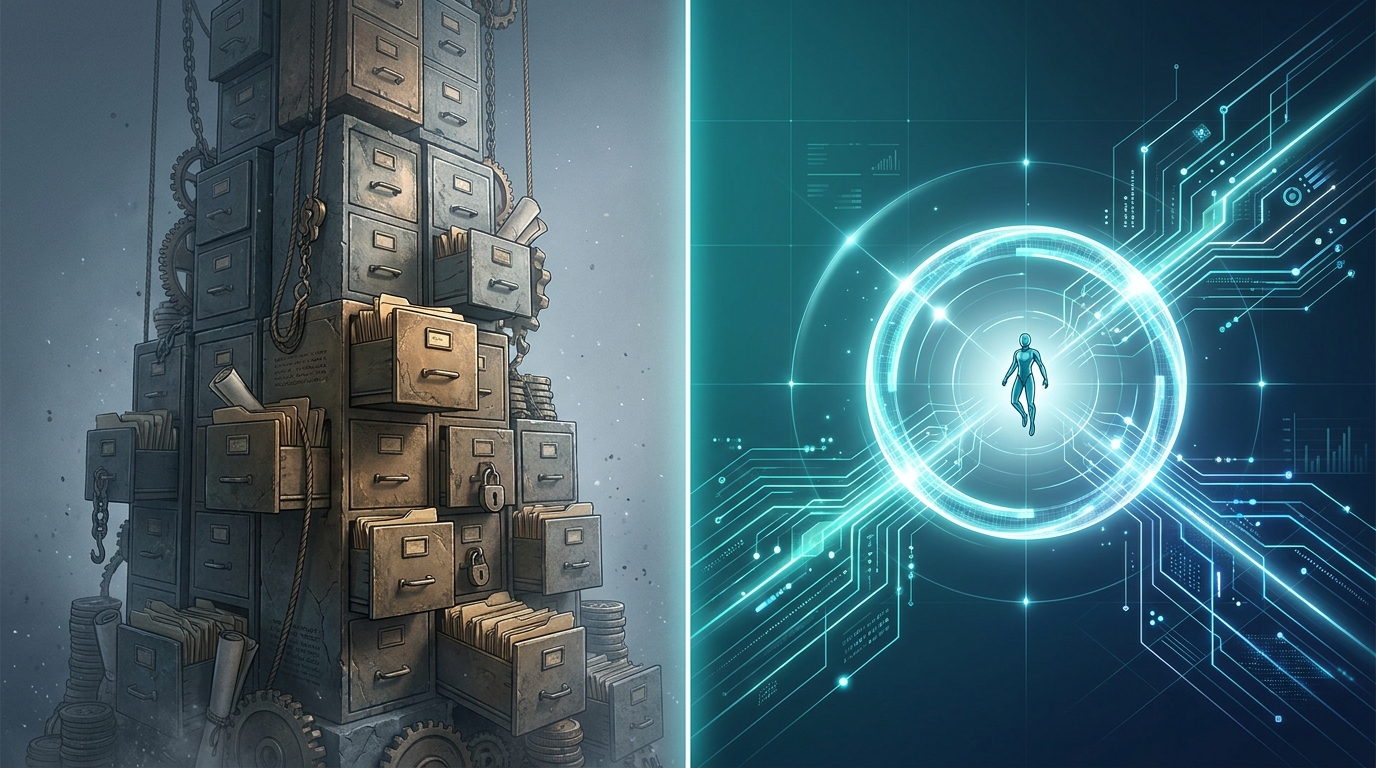 A sleek visual contrast between a heavy traditional agency structure and a streamlined autonomous AI-plus-human management system, rendered in editorial illustration style.