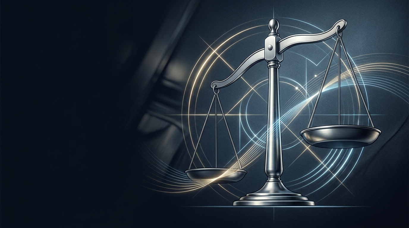 A symbolic editorial illustration of precision and high-stakes legal strategy, featuring balanced scales of justice rendered in cool steel tones against a deep navy background.