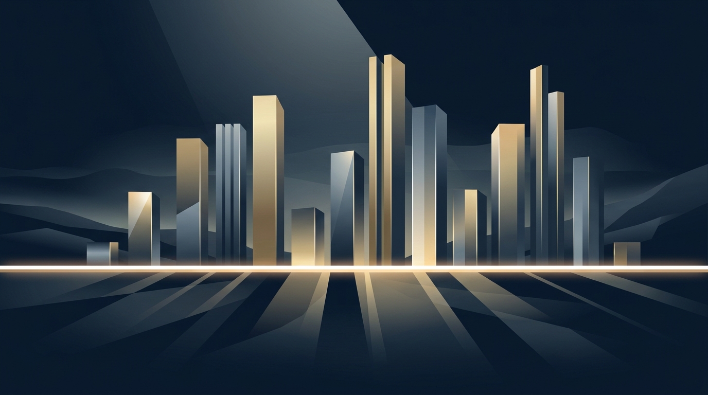 Abstract bar chart landscape in cool blues and gold tones representing varying Google Ads ROI benchmarks across industries, editorial illustration style