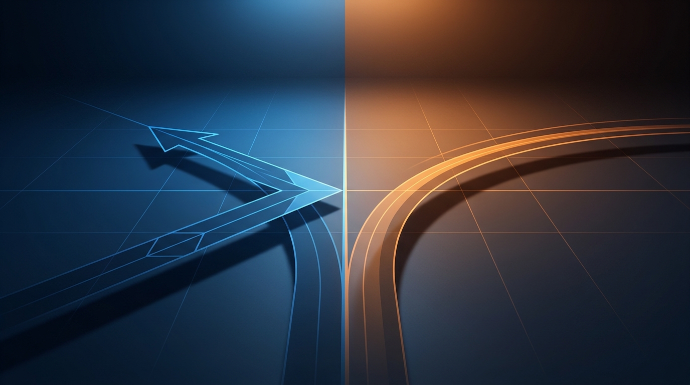 Two diverging paths on a sleek split surface representing Google Ads and Meta Ads, with one side bathed in cool blue light and the other in warm amber, symbolizing a strategic budget choice.