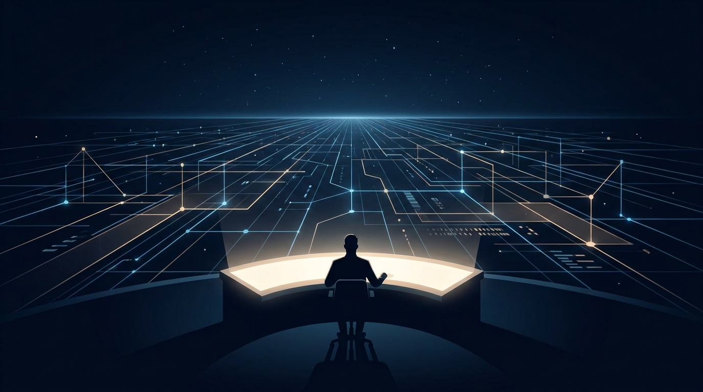 A lone human figure at a glowing control desk overseeing a vast network of autonomous AI nodes stretching into a dark, geometric horizon