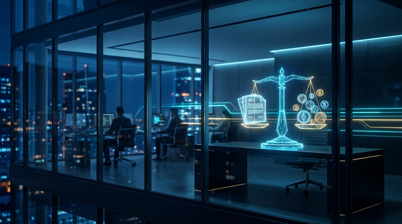 A law firm office at night with glowing screens and a digital scale balancing legal briefs against currency, symbolizing high-stakes PPC competition.