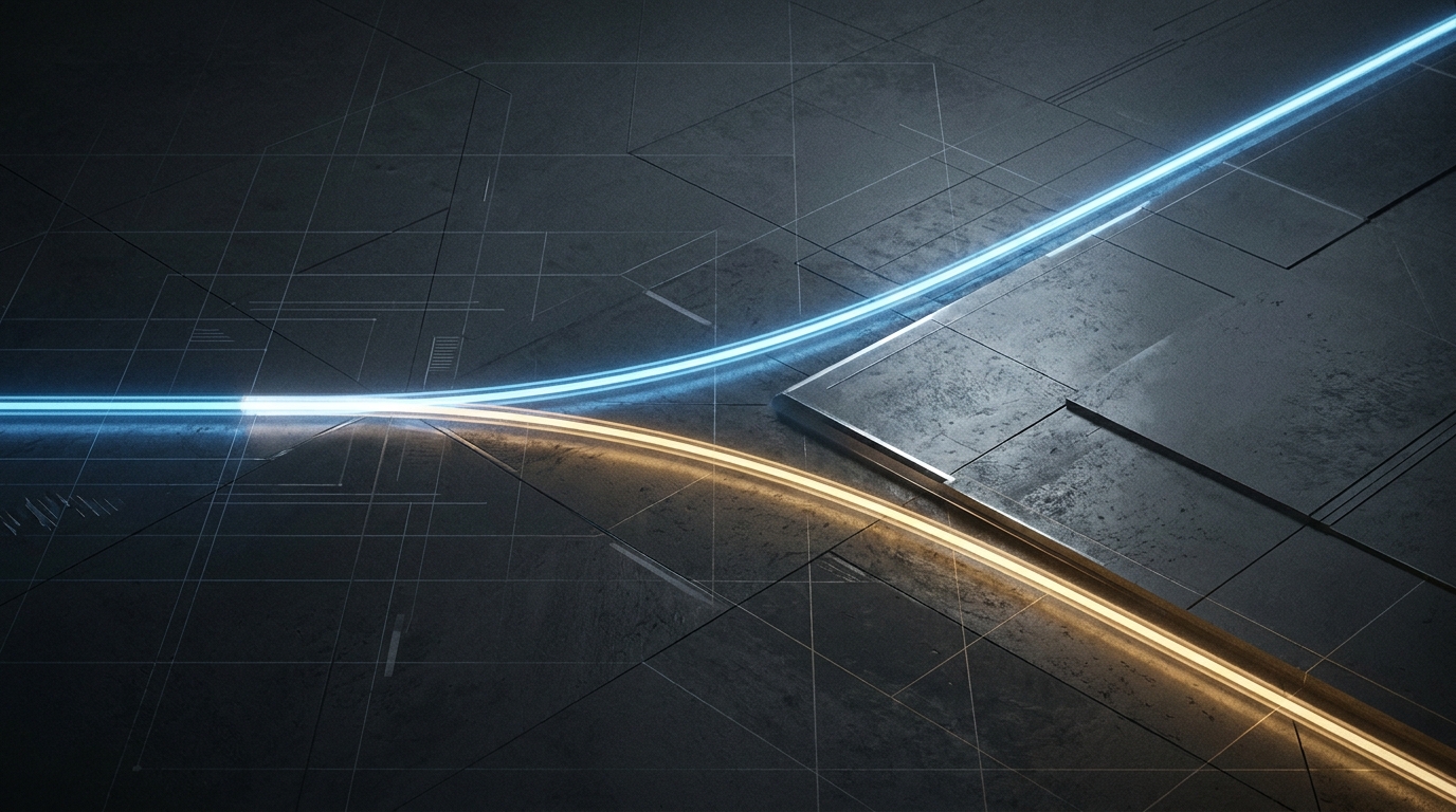 Two converging light beams splitting across a wide dark surface, symbolizing the distinct paths of Demand Gen and Performance Max campaigns in Google Ads.