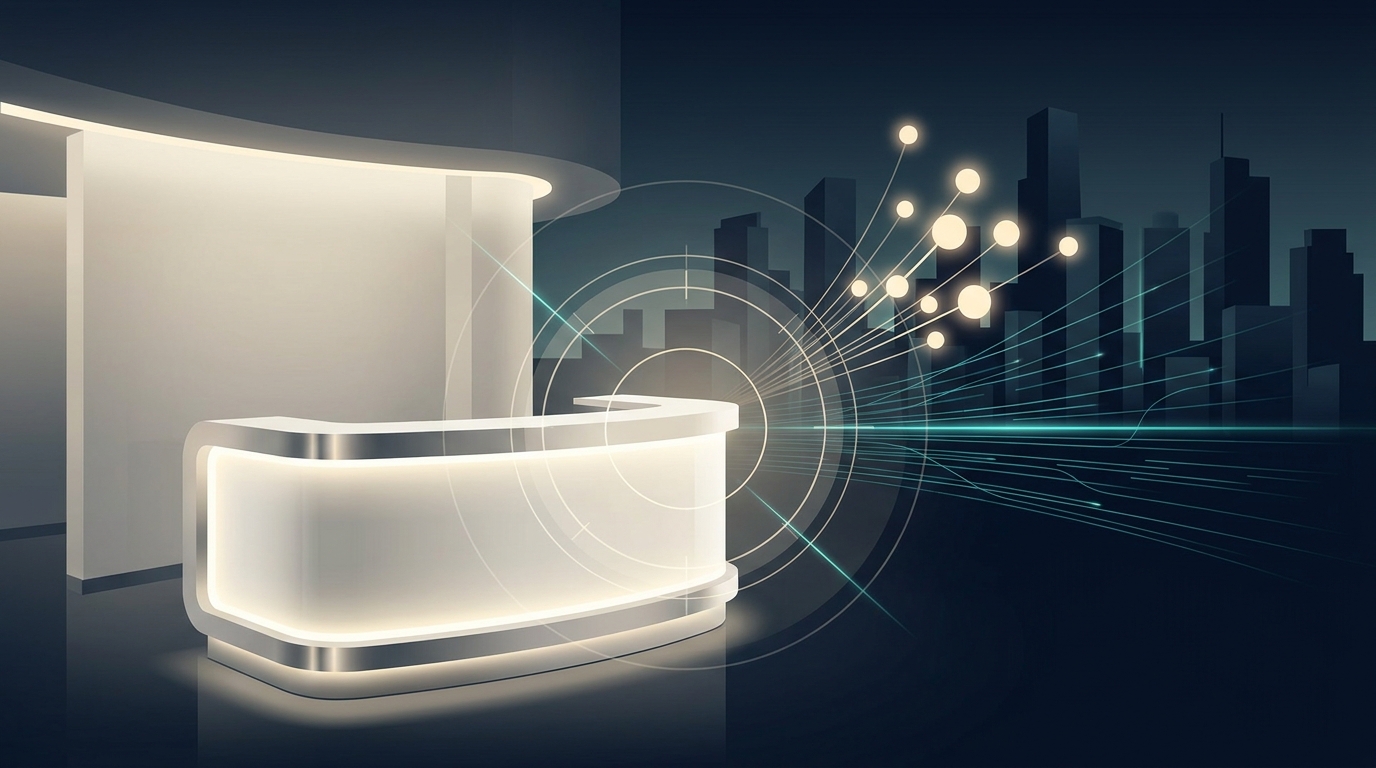 A modern dental practice reception area with glowing digital targeting reticles and abstract data streams suggesting precision patient acquisition and campaign optimization