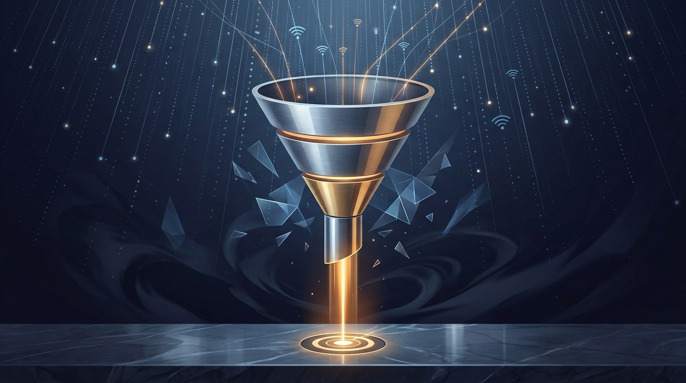 A wide editorial illustration of a precision funnel filtering golden light streams from a vast digital sky into a focused beam, symbolizing quality lead generation from Google Ads.