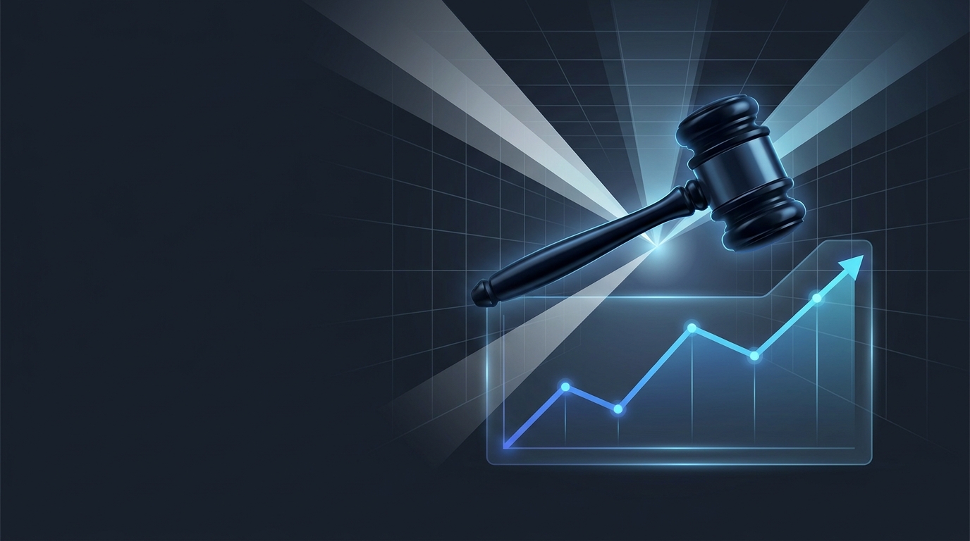 Abstract editorial illustration of a courtroom gavel balanced on a rising performance chart, set against a deep navy background with precise geometric light beams