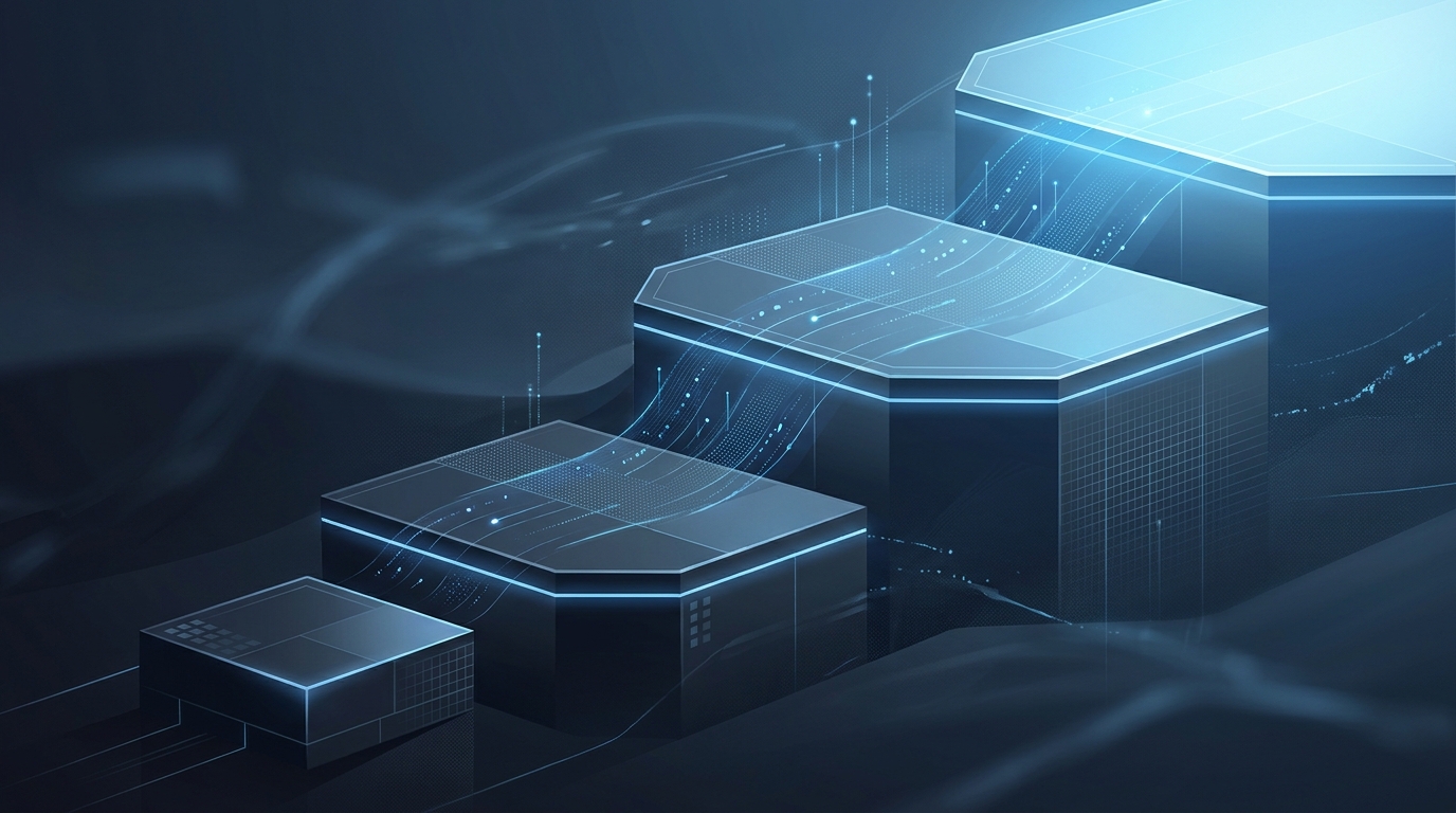 A wide editorial illustration of ascending geometric steps or tiers bathed in cool blue light, each tier larger than the last, representing phased budget scaling